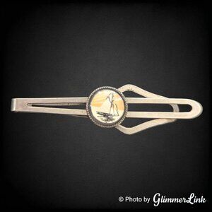 Vintage Hand Painted Sailboat Nautical Silver Tone Tie Bar Clip